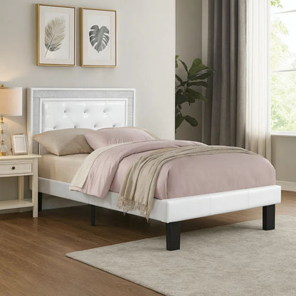 Mannie Twin Bed with Silver Trim, White Button Tufted Faux-Leather