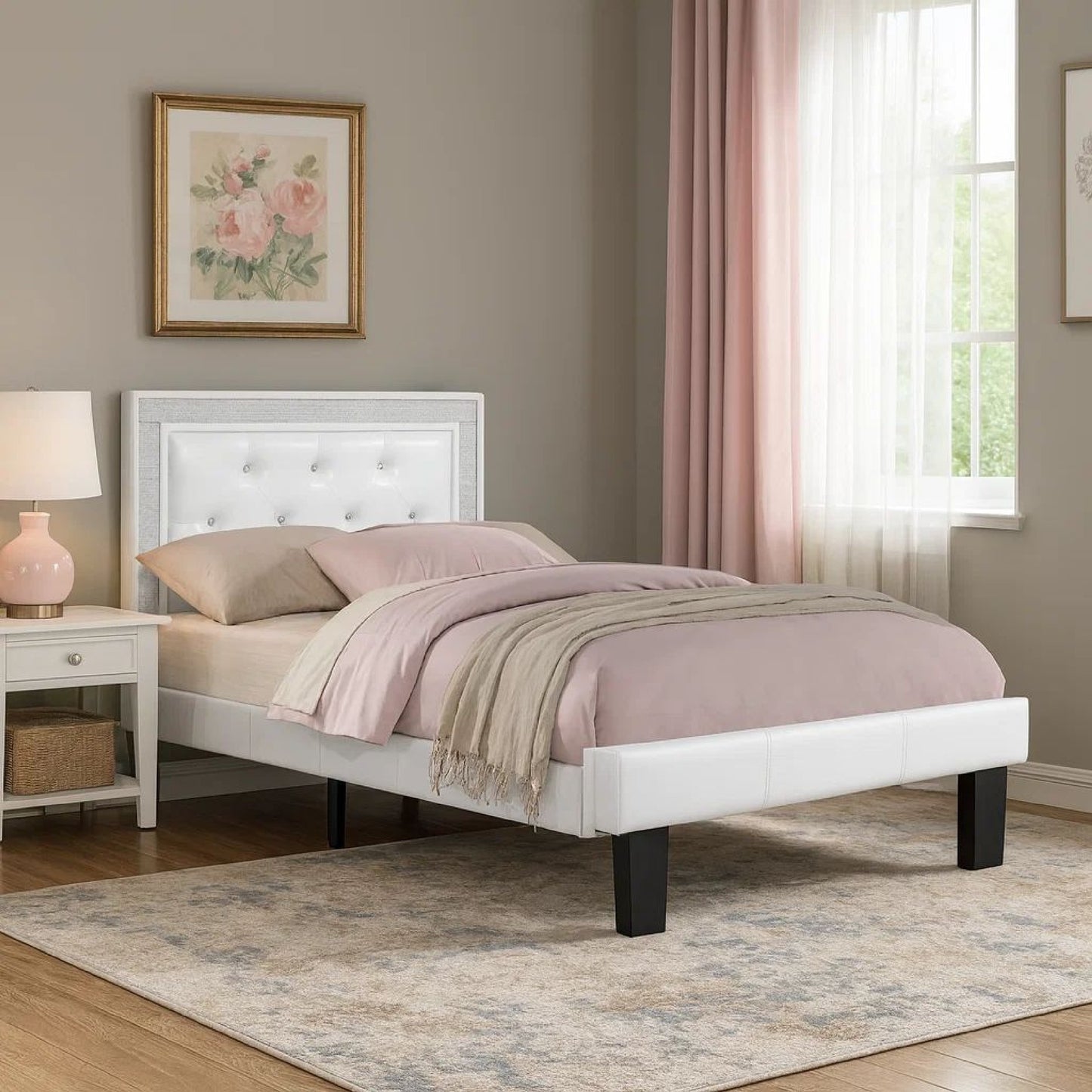 Mannie Twin Bed with Silver Trim, White Button Tufted Faux-Leather