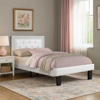 Mannie Twin Bed with Silver Trim, White Button Tufted Faux-Leather