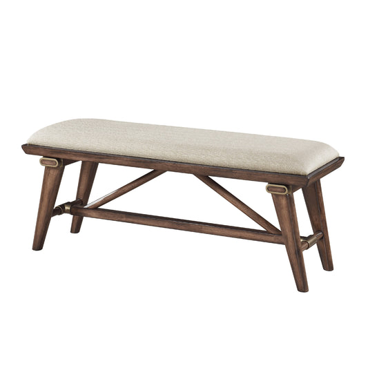 Manny Bench with Brown Angled Legs, Cream Textured Polyester, 47 Inch