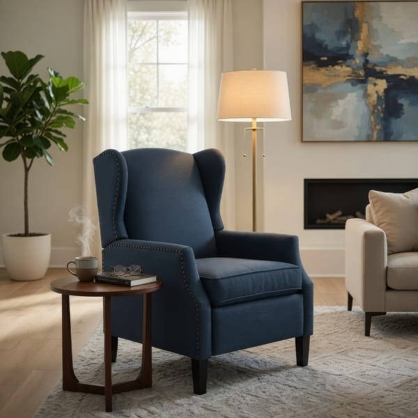 Manual Recliner Chair, Wingback and Nailhead Trim, Navy Blue Polyester