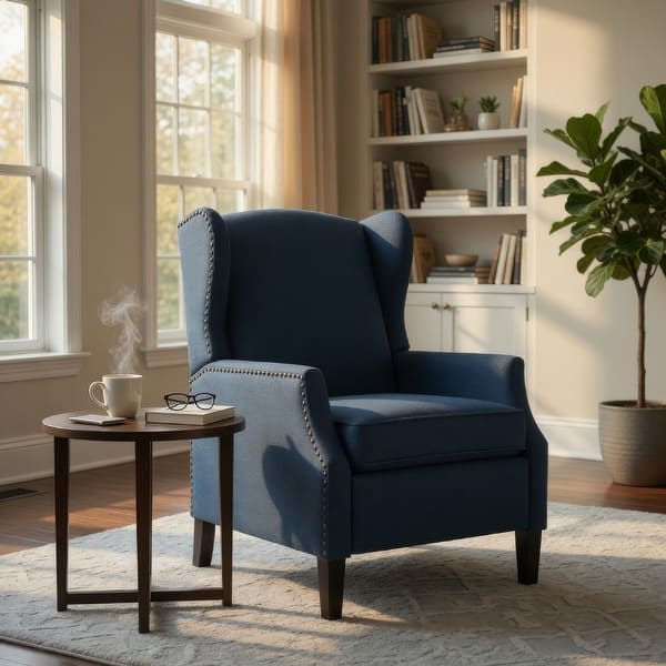 Manual Recliner Chair, Wingback and Nailhead Trim, Navy Blue Polyester