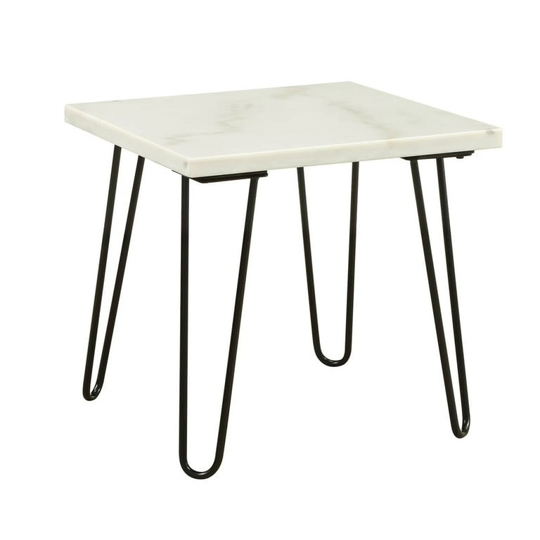 Marble Top Coffee Table with Hairpin Style Metal Legs, White and Black