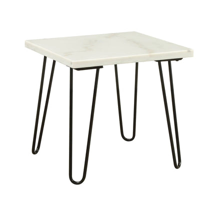 Marble Top Coffee Table with Hairpin Style Metal Legs, White and Black