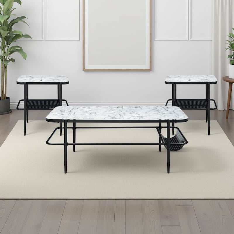 Marty 3pc Coffee End Table Set, White Marble Fluted Glass Tops, Black