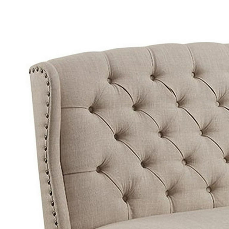 Nailhead Trim Fabric Upholstered Wing Back Wooden Bench, Beige and Black