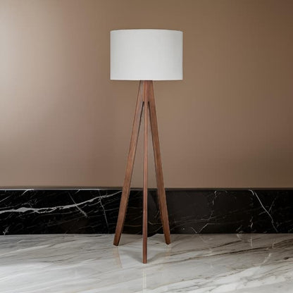 Megan 71 Inch Floor Lamp, White Drum Shade and Brown Wood Tripod Base