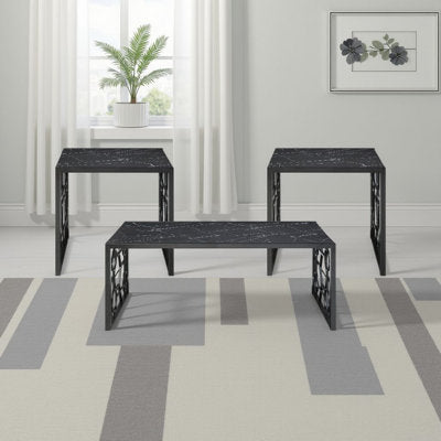 Melin 3pc Coffee and End Table Set, Geometric, Black Glass Marbled Top