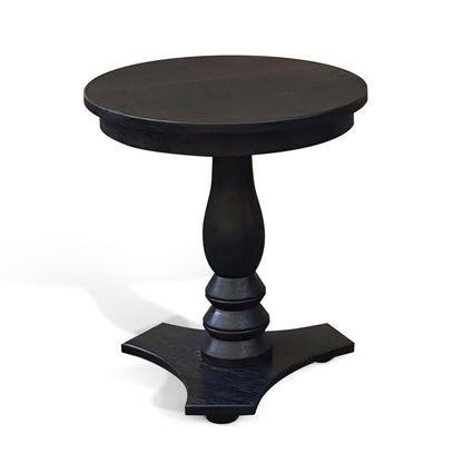 Meni Accent Table, 22 Inch Round Top, Carved Pedestal, Black Solid Wood
