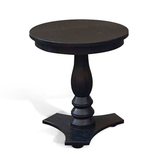 Meni Accent Table, 22 Inch Round Top, Carved Pedestal, Black Solid Wood