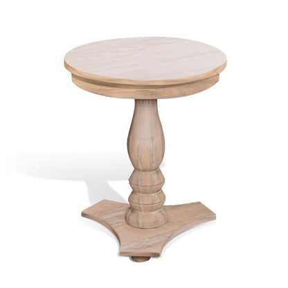Meni Accent Table, 22 Inch Round, Carved Base, Solid Wood Natural Brown
