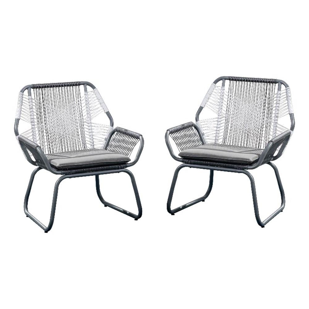 Meny Outdoor Club Chair Set of 2, White Rattan Woven, Matte Gray Metal