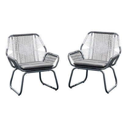 Meny Outdoor Club Chair Set of 2, White Rattan Woven, Matte Gray Metal