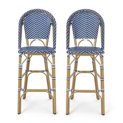 Meso Outdoor Barstool Chair Set of 2, White Blue Wicker Woven, Brown