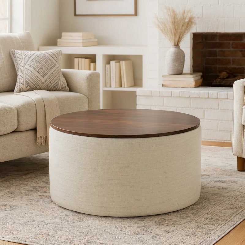 Mesy Storage Ottoman, 30 Inch Round Lift Tray Top, Ivory Woven Fabric