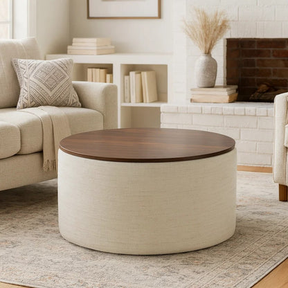 Mesy Storage Ottoman, 30 Inch Round Lift Tray Top, Ivory Woven Fabric