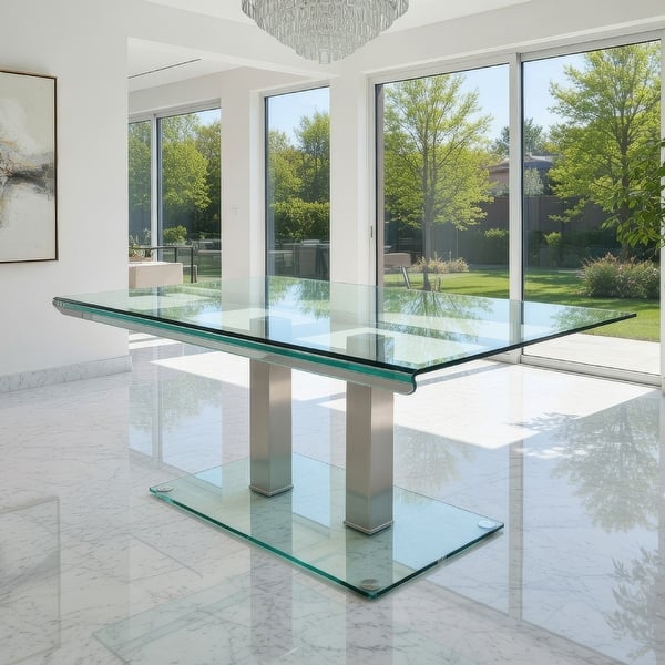 Metal and Glass Dining table with Dual Post Pedestal base, Chrome