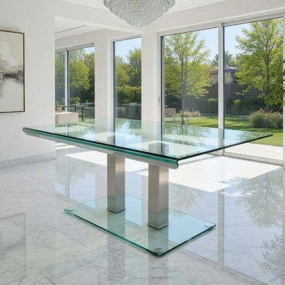 Metal and Glass Dining table with Dual Post Pedestal base, Chrome