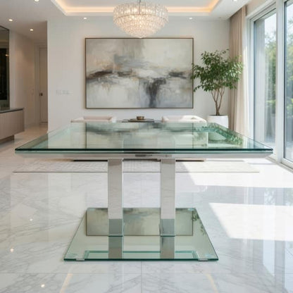 Metal and Glass Dining table with Dual Post Pedestal base, Chrome