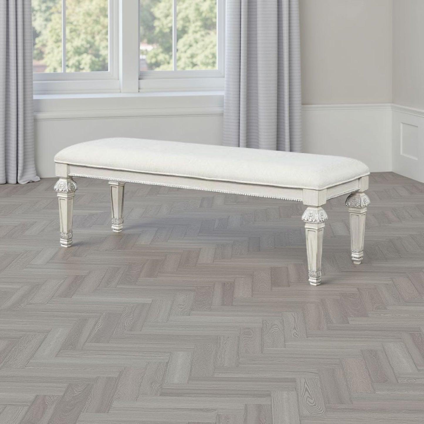 Miamy Bench, Cream White Wood Frame, Textured Fabric, 55 Inch