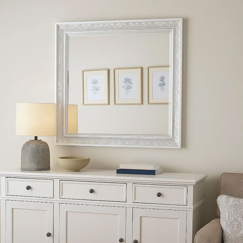 Alda Dresser Mirror, Rectangular Gray Reeded Wood, Silver Trim, 38x40