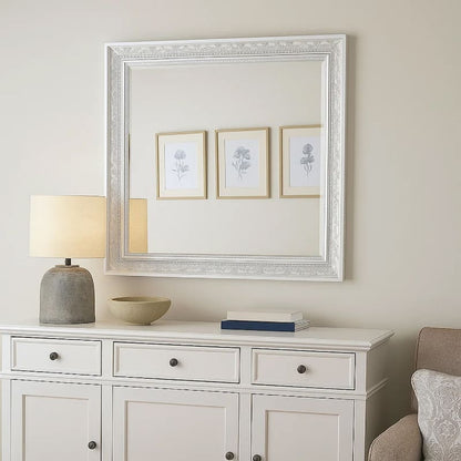 Alda Dresser Mirror, Rectangular Gray Reeded Wood, Silver Trim, 38x40