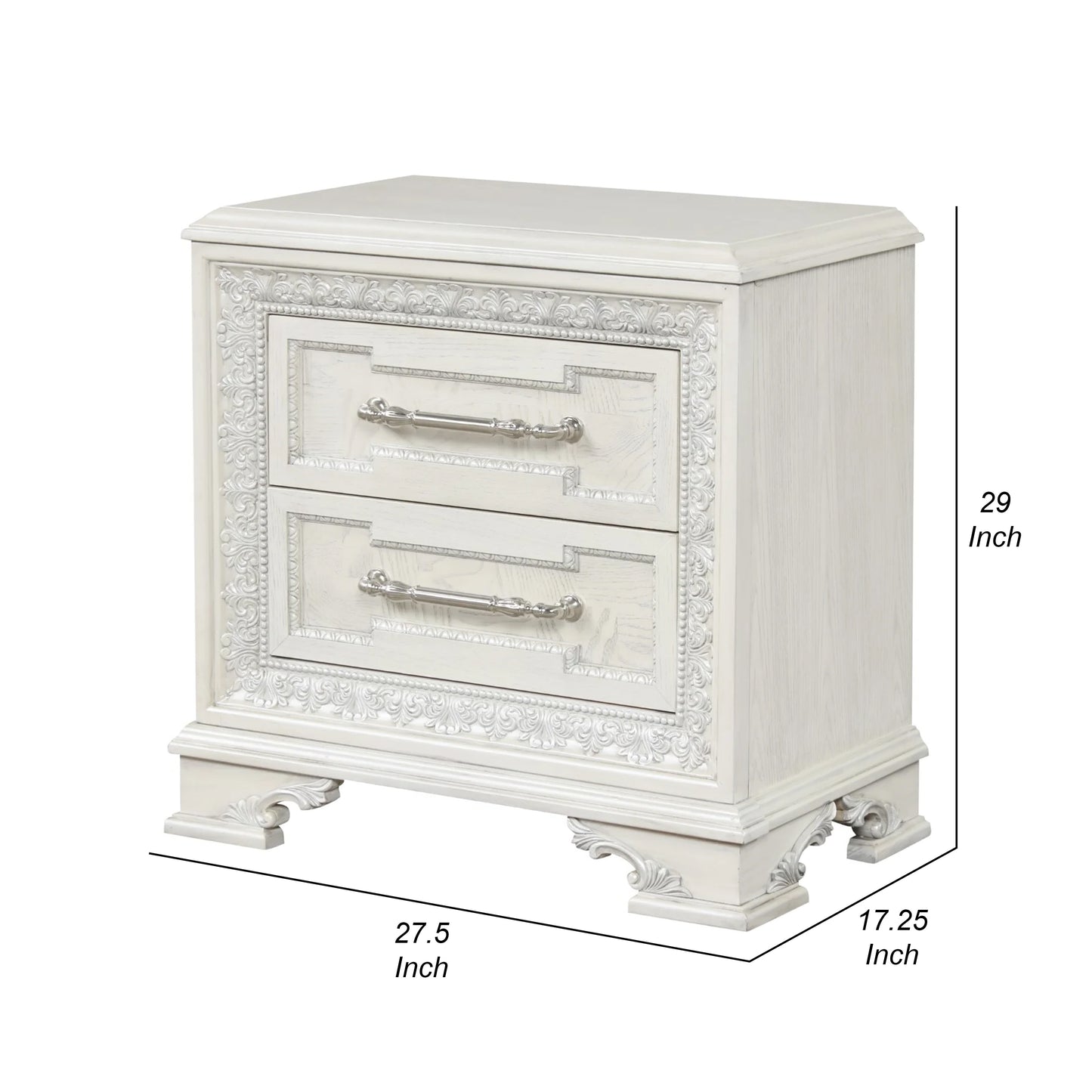 Miamy Nightstand, USB, 2 Drawers, Cream White Wood, 29 Inch