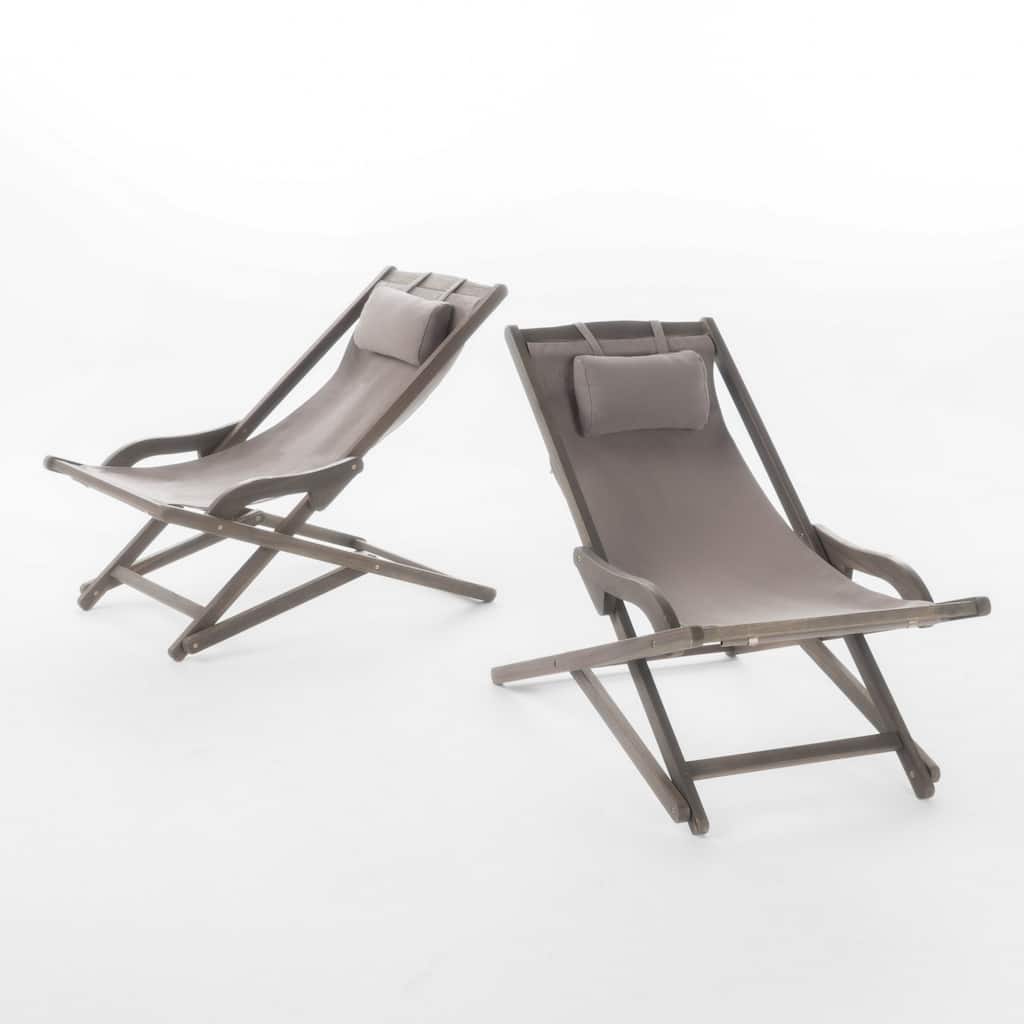 Mikki Portable Sling Chair Set of 2 with Pillows, Gray Polyester, Wood Base