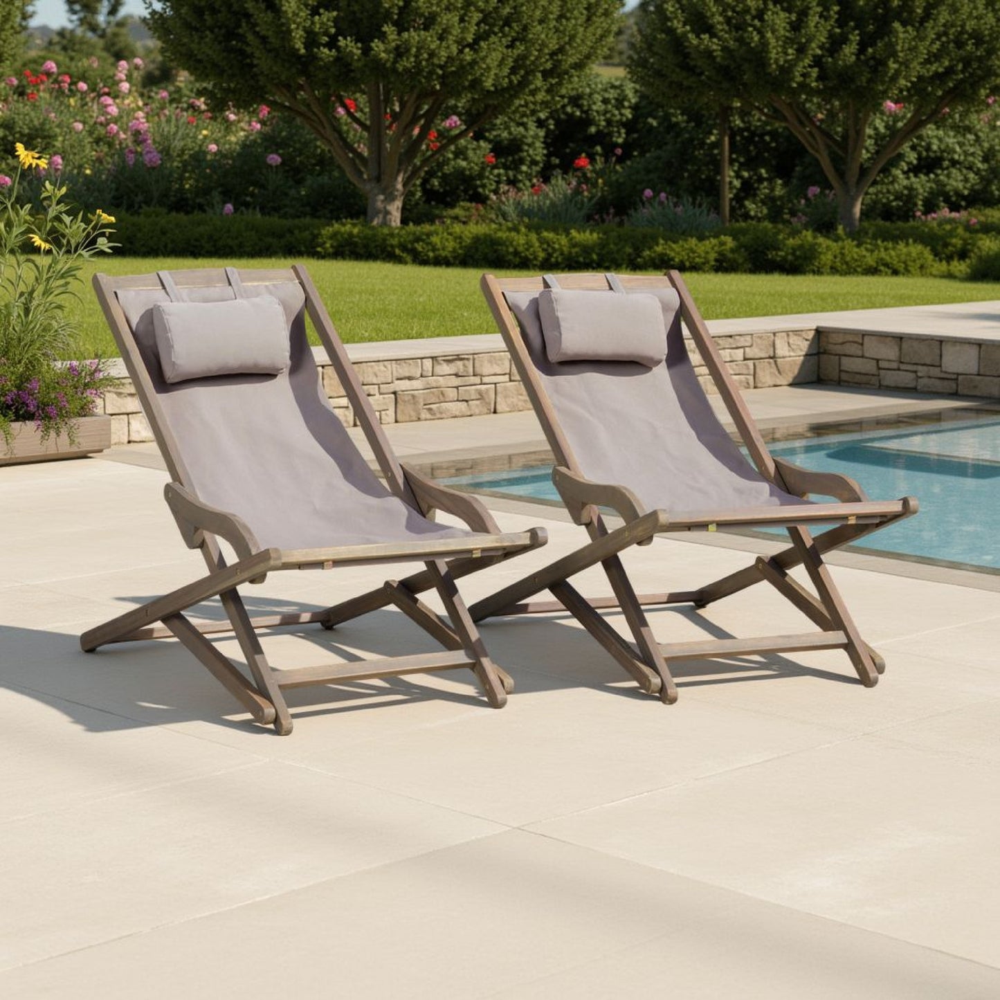 Mikki Portable Sling Chair Set of 2 with Pillows, Gray Polyester, Wood Base