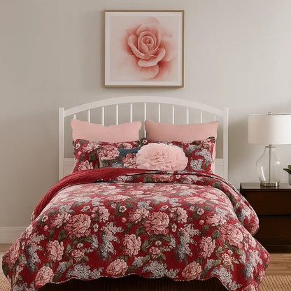 Milz 2pc Twin Size Quilt Set, Cotton, Polyester, Garnet Red Florals