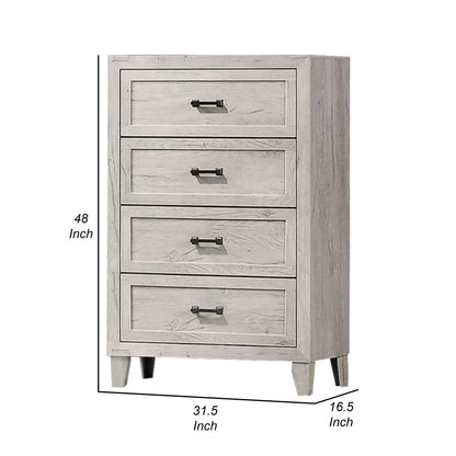 Miot Tall Dresser Chest, 4 Drawers w Metal Handles, White Wash Wood