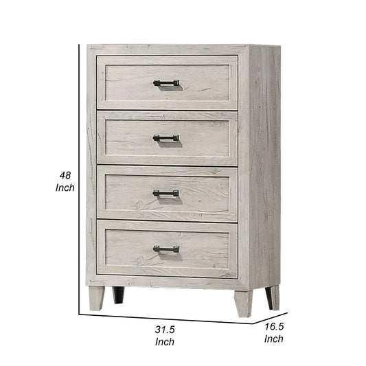 Miot Tall Dresser Chest, 4 Drawers w Metal Handles, White Wash Wood