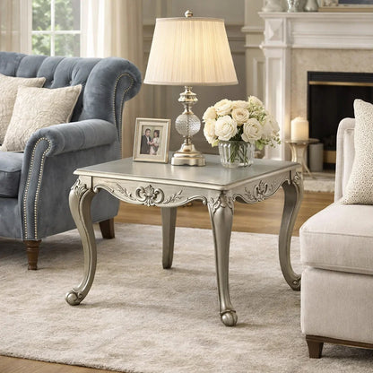 Miz Side End Table, 28 Inch, Carved Cabriole Legs, Champagne Silver