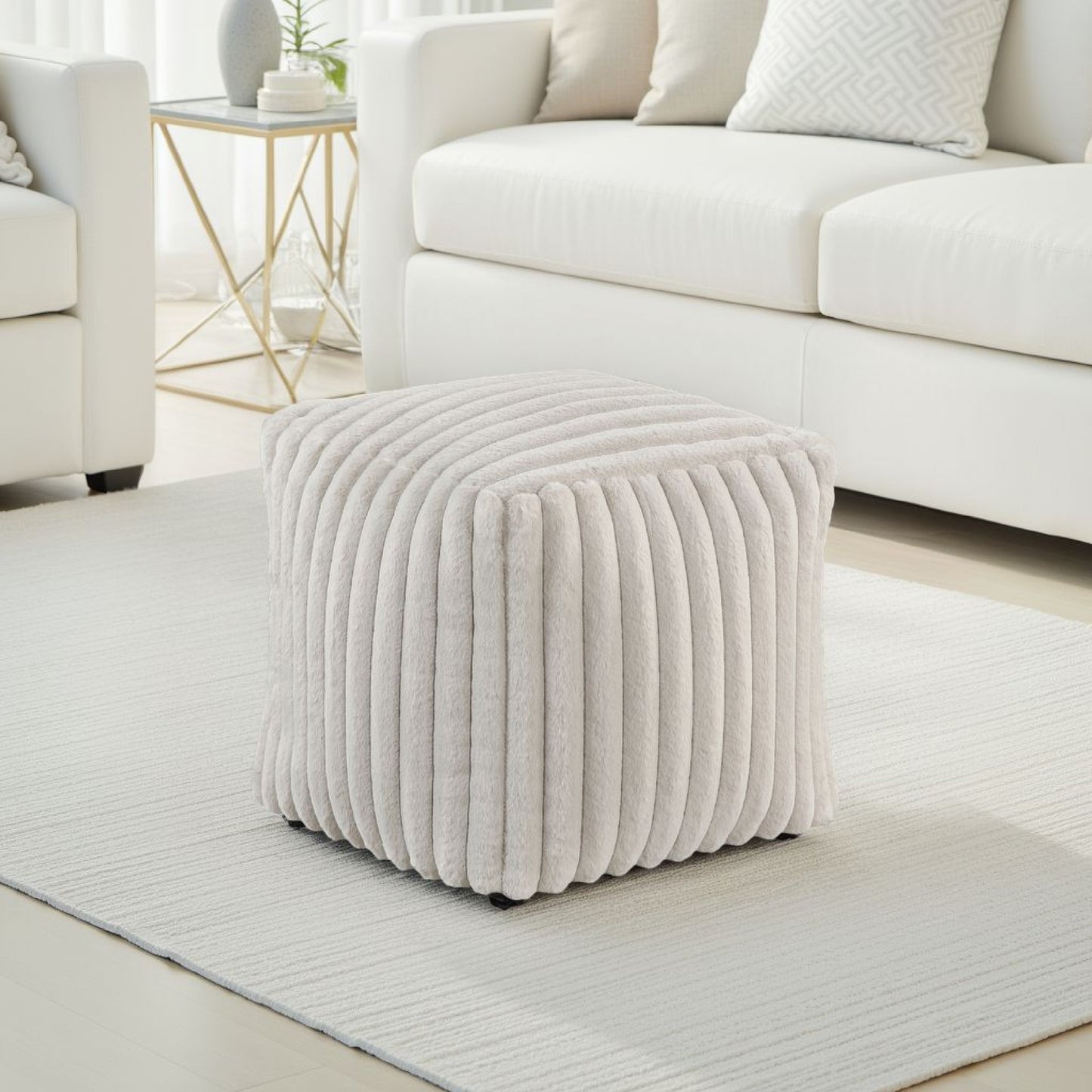 Modern Ottoman, Off White Ribbed Corduroy Zipper Cover, 16 Inch Square