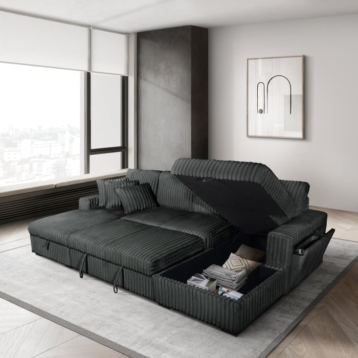 Milana Convertible Sofa Bed, USB Port, Blue Gray Fabric, 66 Inch