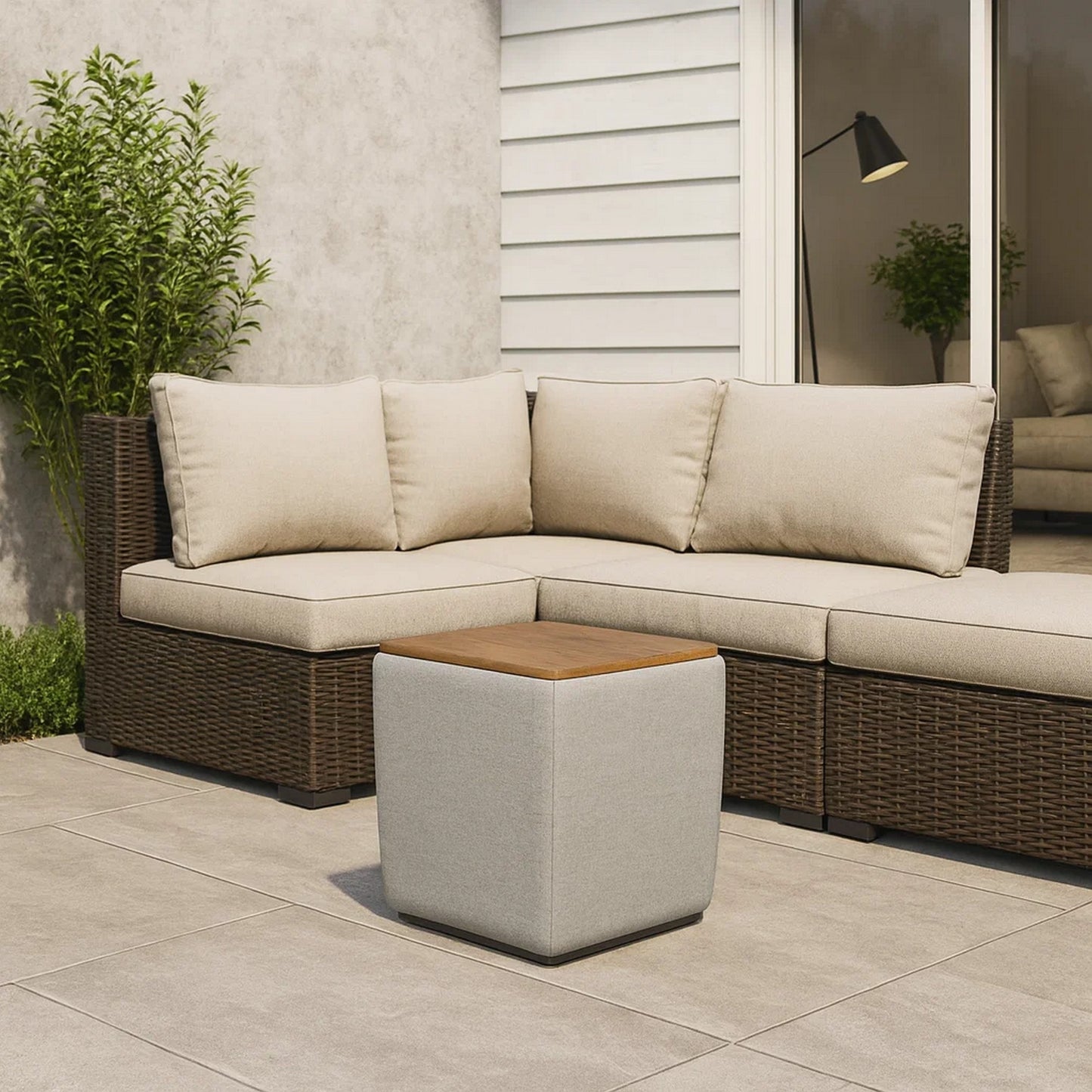 Mody Storage Ottoman, Gray Upholstery, 19 Inch Brown Wood Lift Top