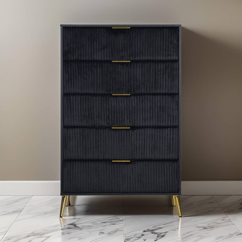 Moko 51 Inch Tall Dresser, 5 Soft Upholstered Drawers, Black, Gold