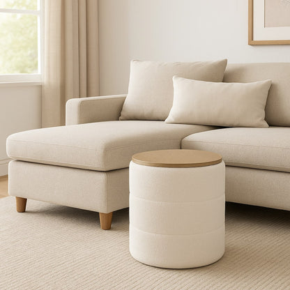 Mona Storage Ottoman, 19 Inch Round Lift Top, Channeled Ivory Boucle