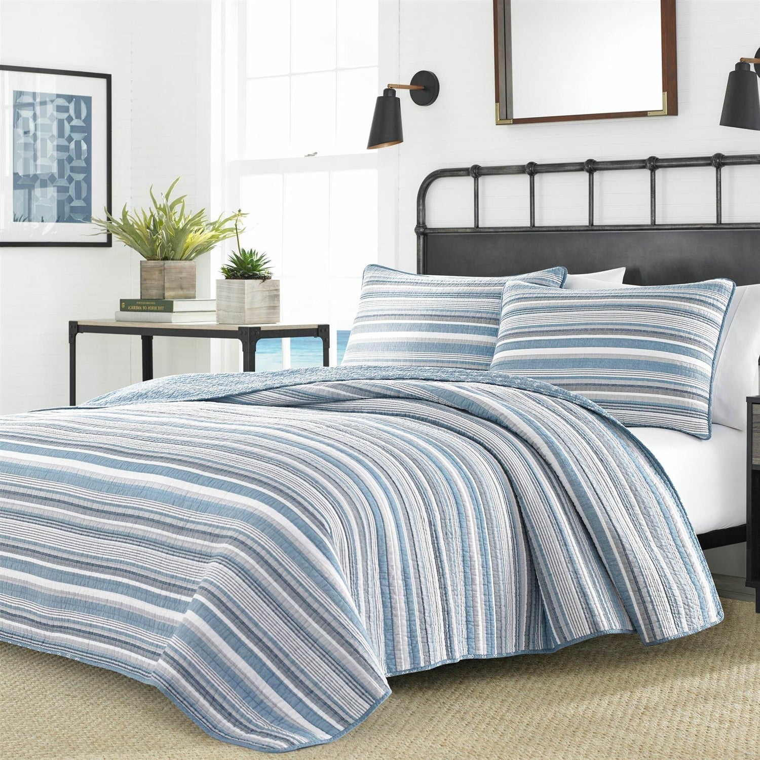 Full/Queen 3 Piece Nautical Anchor Blues 100-Percent Cotton Reversible Quilt Set — Chic Home-Decor