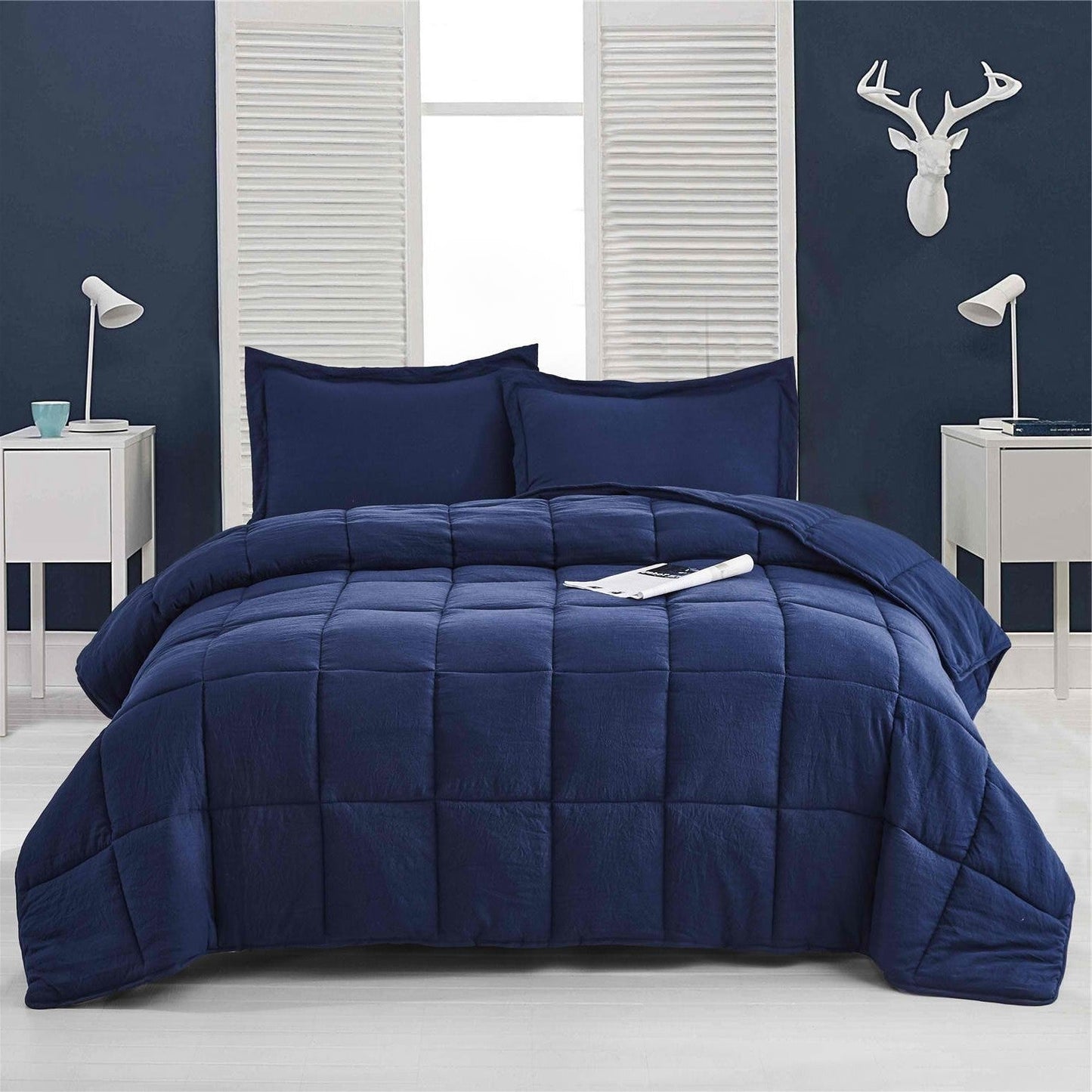 Twin Size Navy 3 Piece Microfiber Reversible Comforter Set — Chic Home-Decor