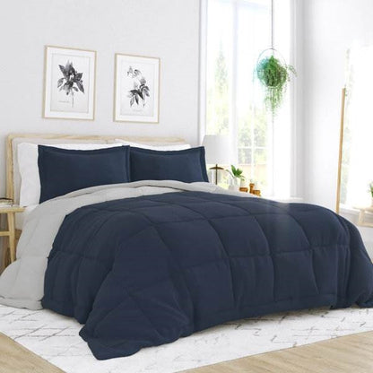 Full/Queen 3-Piece Microfiber Reversible Comforter Set in Navy Blue and Grey — Chic Home-Decor