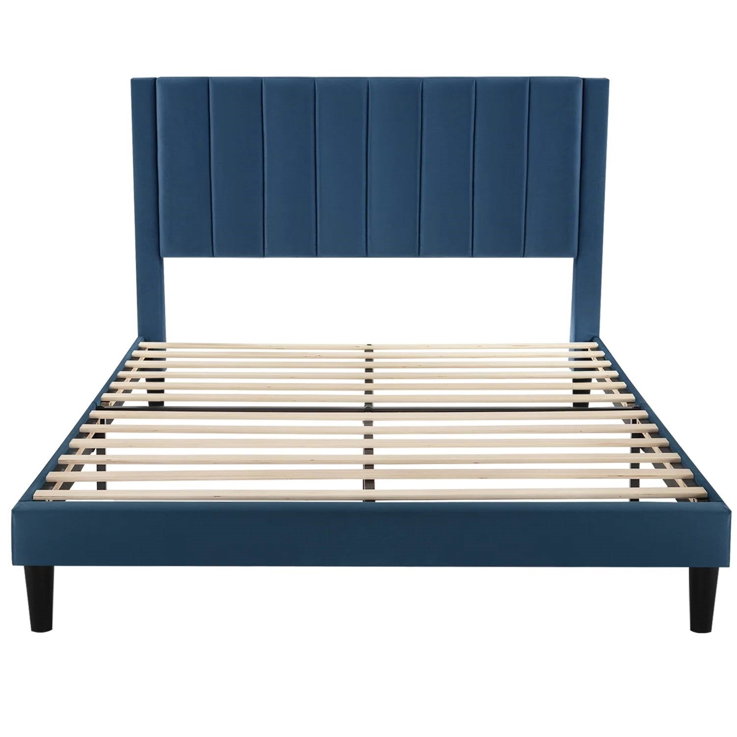Queen size Modern Navy Blue Velvet Upholstered Platform Bed with Headboard — Chic Home-Decor