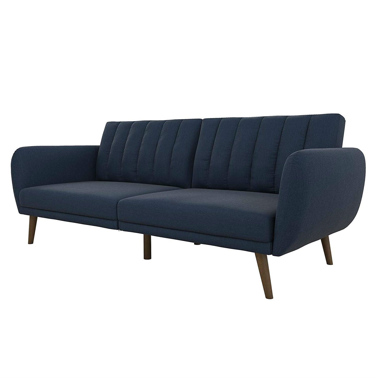 Modern Navy Blue Linen Upholstered Sofa Bed Futon with Mid-Century Style Wood Legs