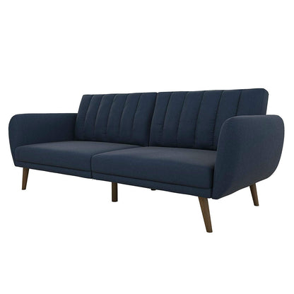 Modern Navy Blue Linen Upholstered Sofa Bed Futon with Mid-Century Style Wood Legs