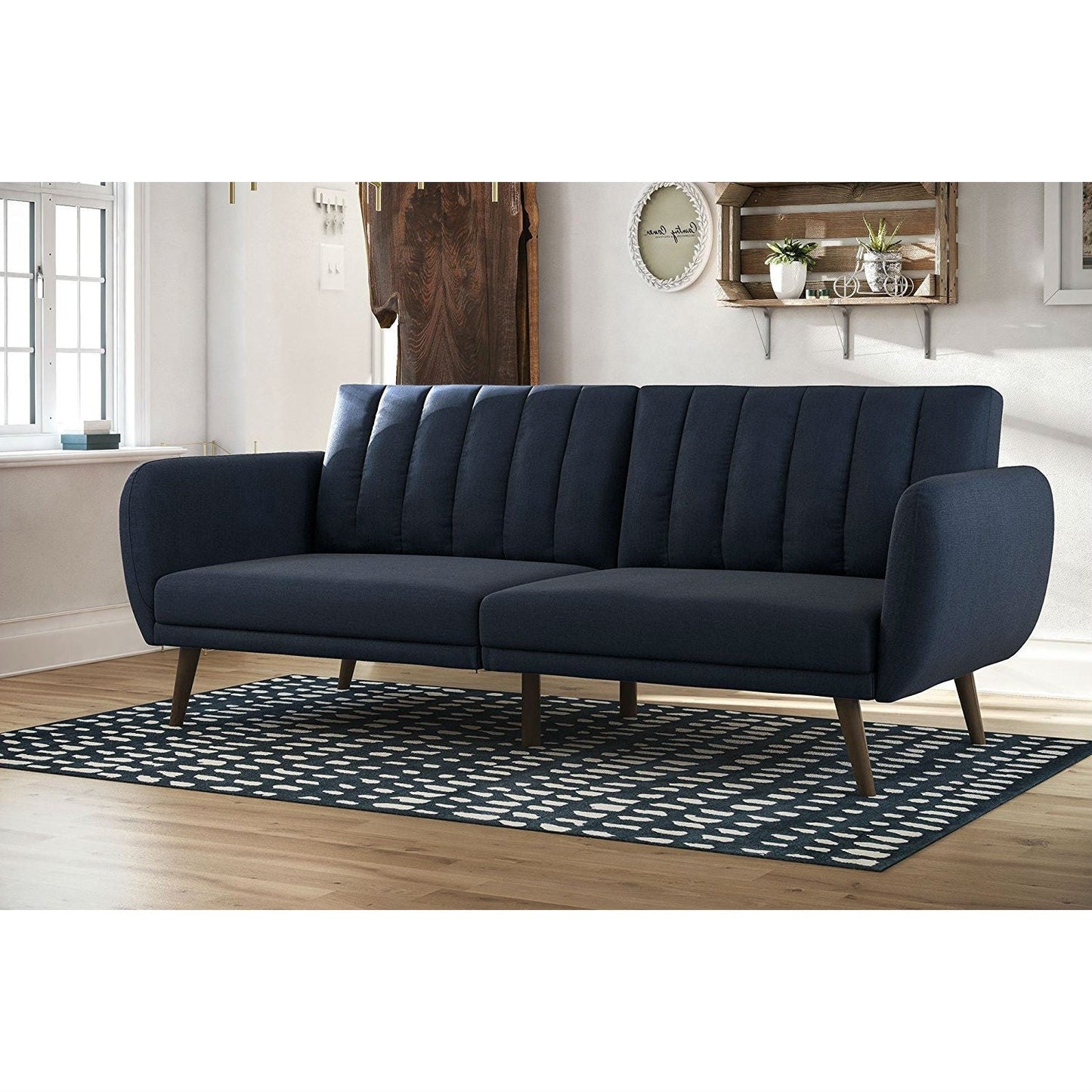 Modern Navy Blue Linen Upholstered Sofa Bed Futon with Mid-Century Style Wood Legs