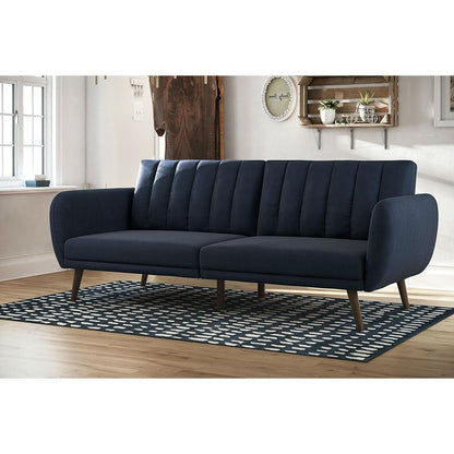 Modern Navy Blue Linen Upholstered Sofa Bed Futon with Mid-Century Style Wood Legs
