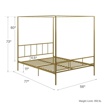 Queen size Modern Canopy Bed Frame with Headboard and Footboard in Gold Metal