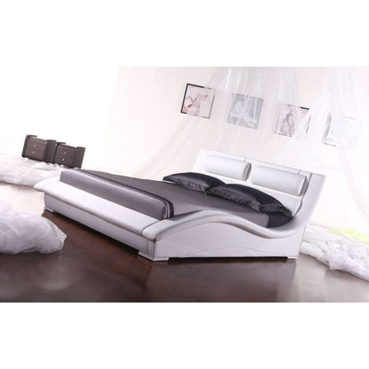 King size Modern White Faux Leather Platform Bed with Headboard
