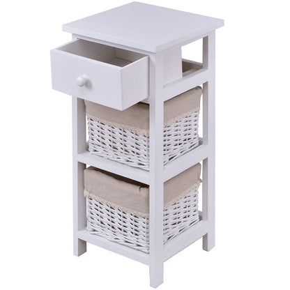White Wood 1-Drawer End Table Nightstand with 2 Wicker Baskets