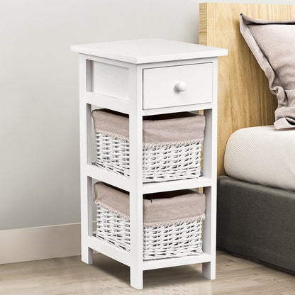 White Wood 1-Drawer End Table Nightstand with 2 Wicker Baskets